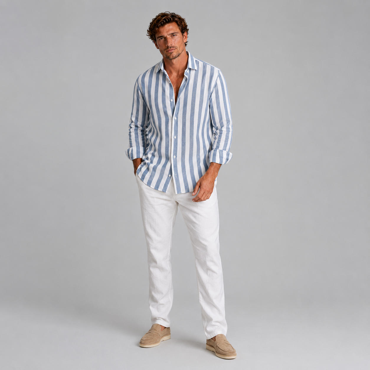 Men’s Striped Linen Look Button-Up Shirt