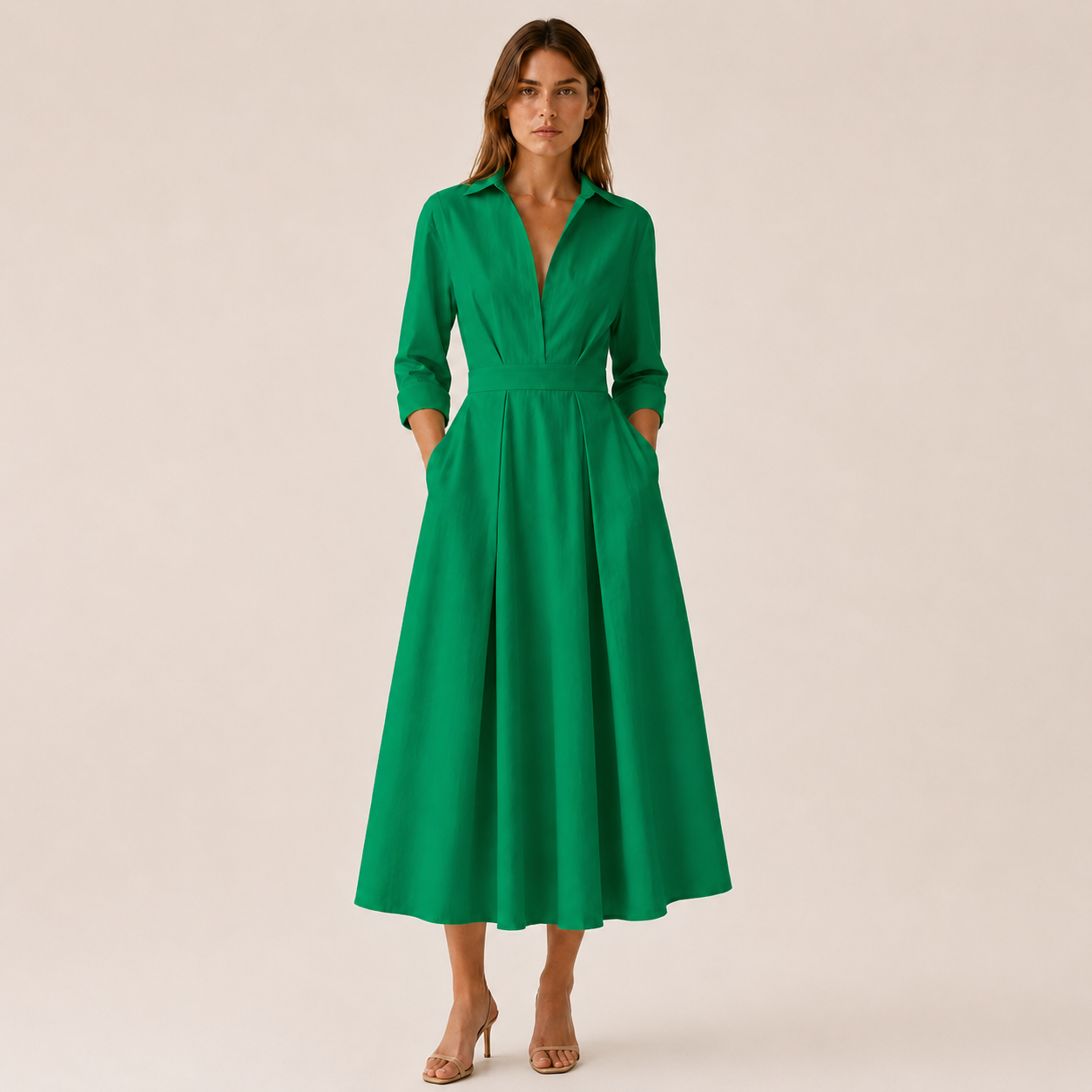 Women's Midi Shirt Dress With Pleated Skirt