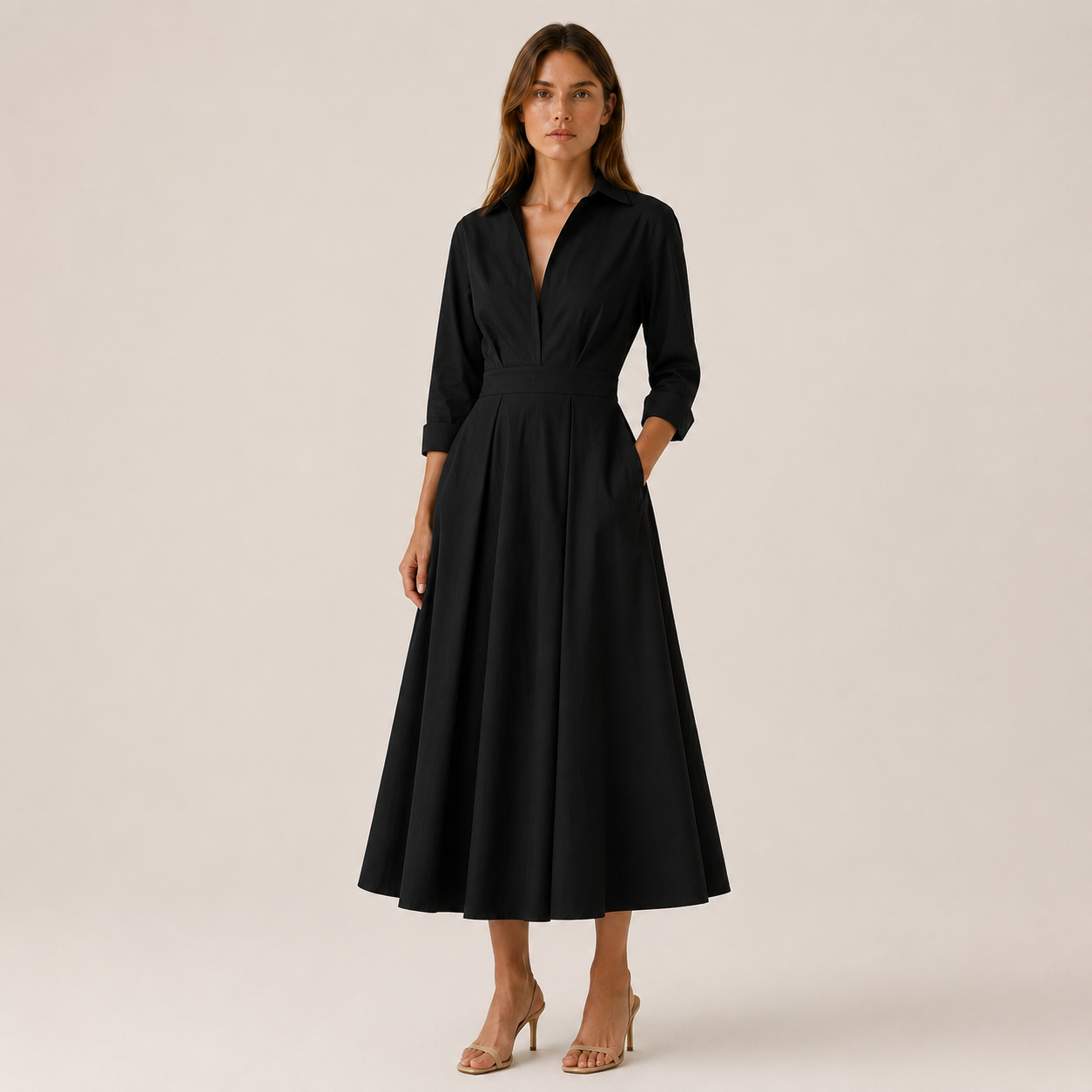 Women's Midi Shirt Dress With Pleated Skirt