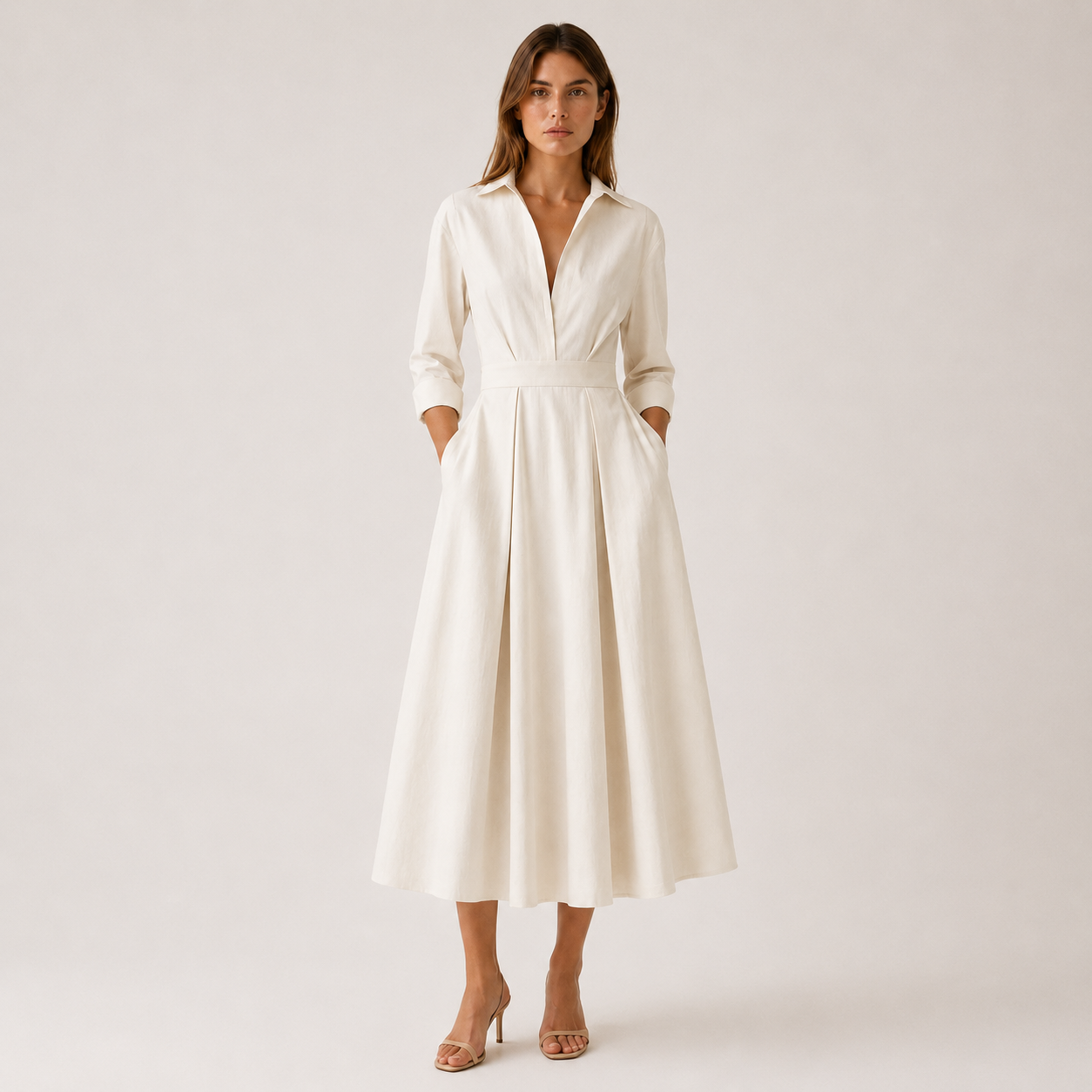 Women's Midi Shirt Dress With Pleated Skirt