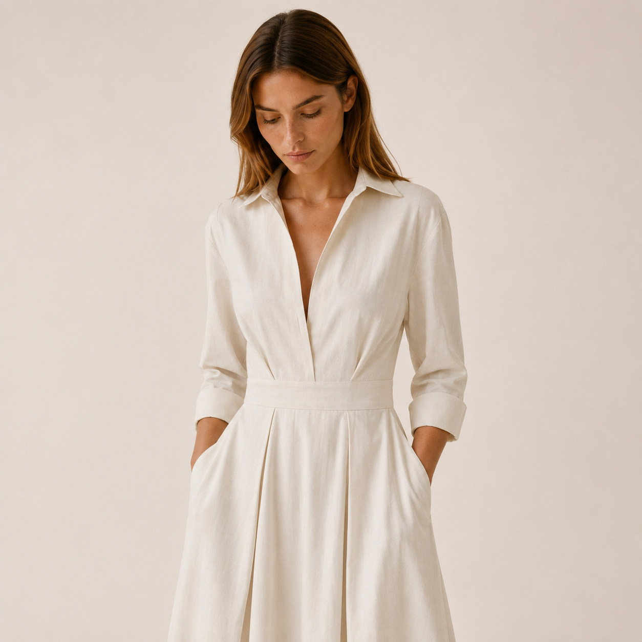 Women's Midi Shirt Dress With Pleated Skirt