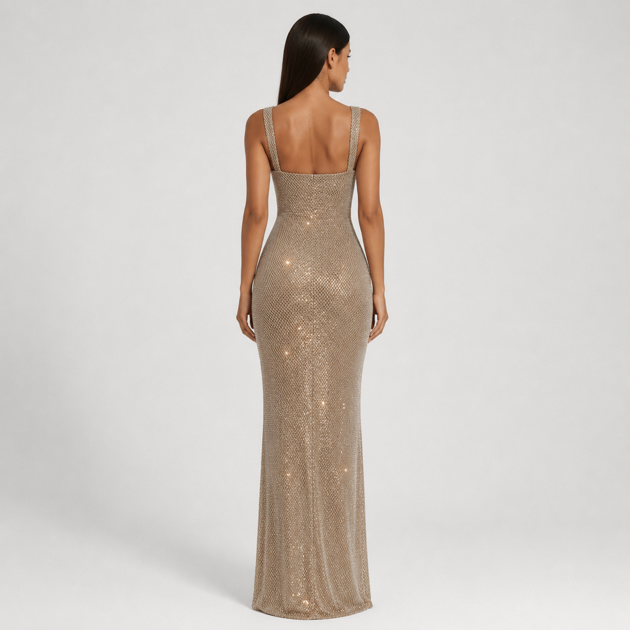 Women's Rhinestone Embellished Square Neck Evening Gown Maxi Dress