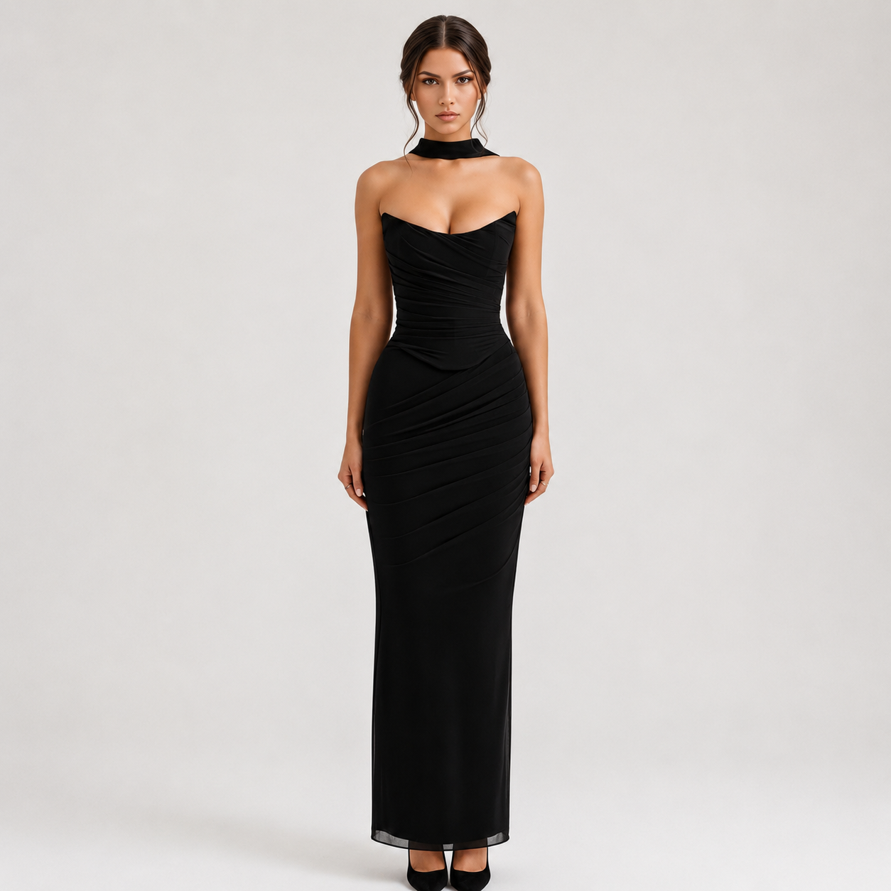 Women's Black Tie Formal Three-Piece Corset Maxi Skirt Set
