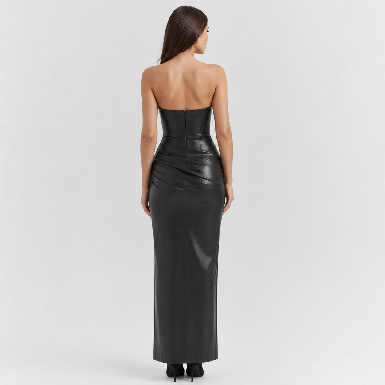 Women's Strapless Vegan Leather Evening Midi Dress