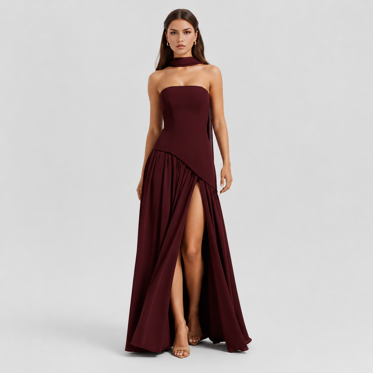 Women's Draped Waist Black Tie Formal Maxi Dress With Scarf