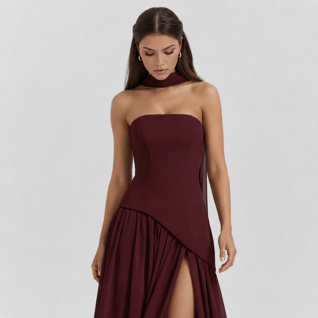 Women's Draped Waist Black Tie Formal Maxi Dress With Scarf