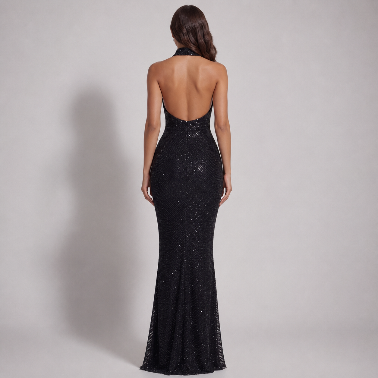 Women's Rhinestone Halter Mesh Evening Gown Maxi Dress