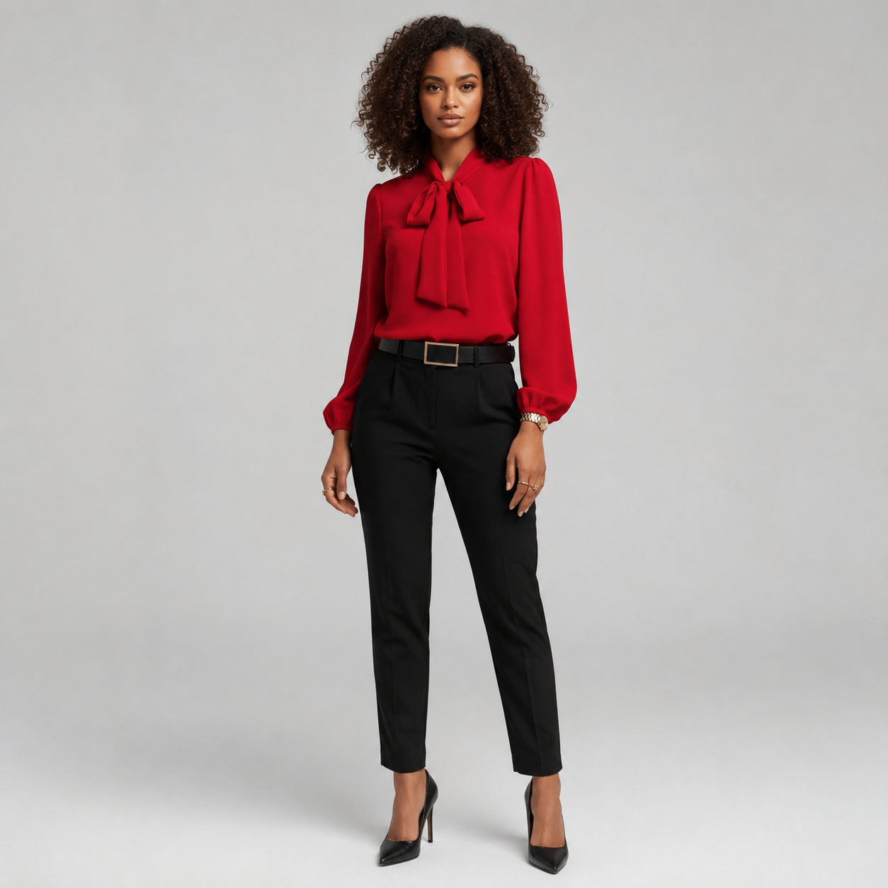 Women's Relaxed-Fit Bow-Tie Neck Long-Sleeve Blouse