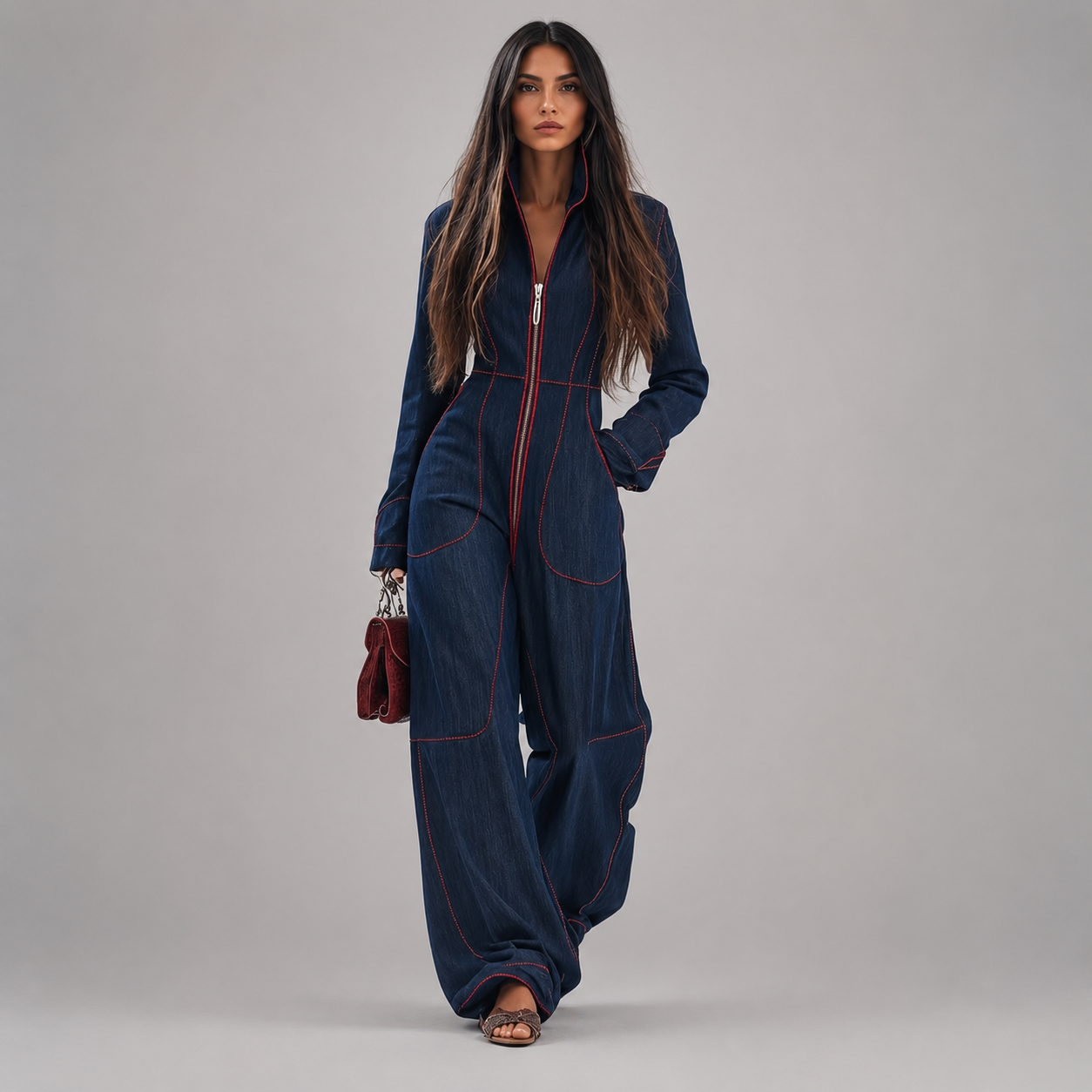 Women's Long Sleeve Front-Zip Wide Leg Pants Jumpsuit