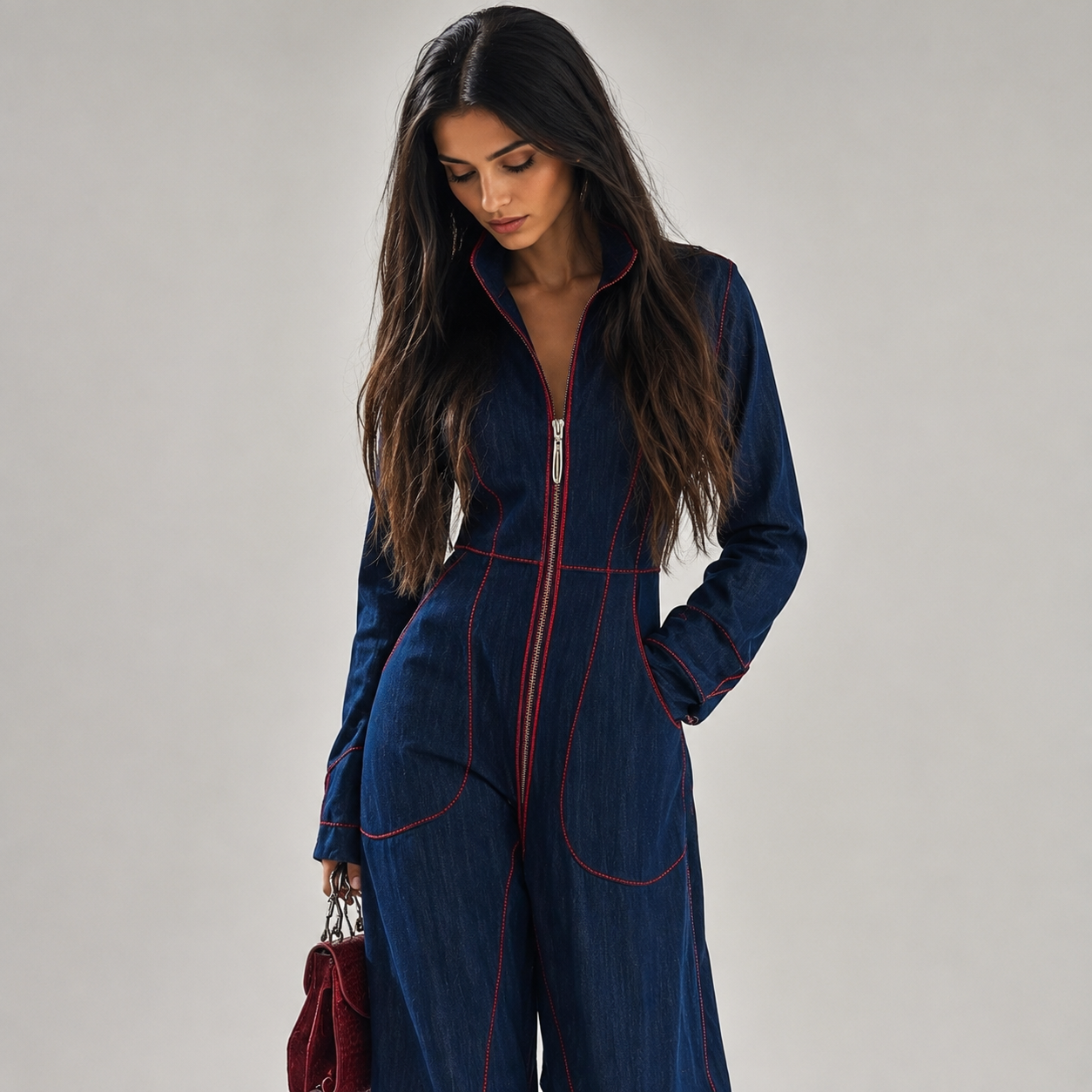 Women's Long Sleeve Front-Zip Wide Leg Pants Jumpsuit