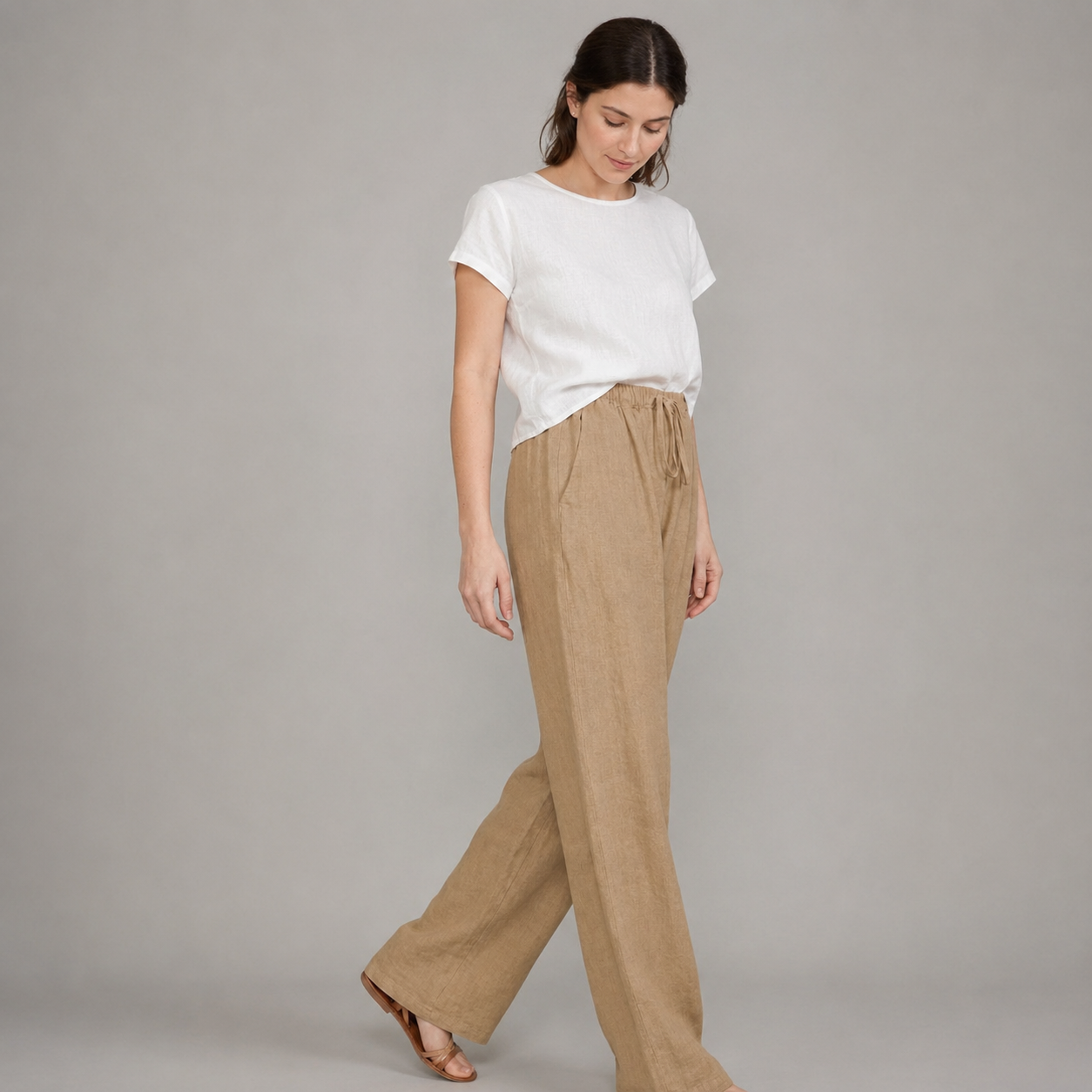 Women's Relaxed Linen Drawstring Wide Leg Trousers