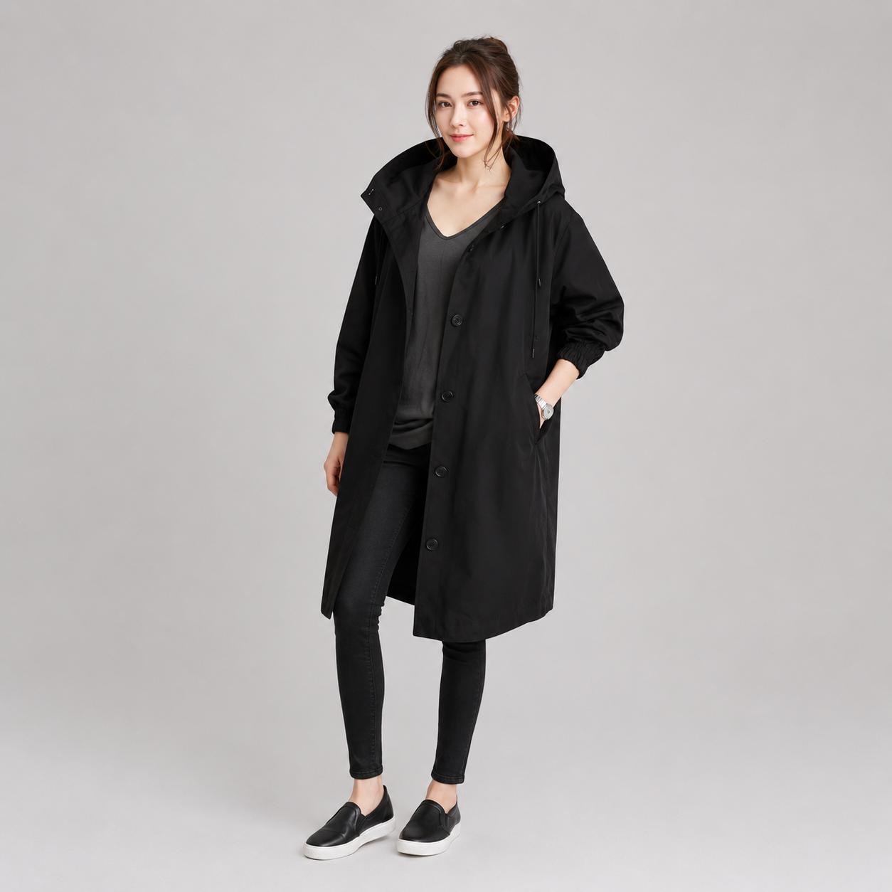 Women's Hooded Waterproof Relaxed-Fit Long Trench Coat