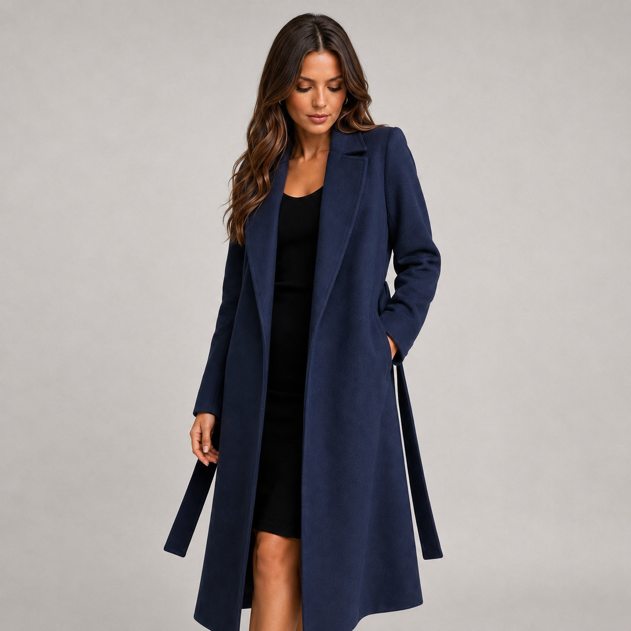 Women's Belted Wool-Blend Long-Line Trench Coat