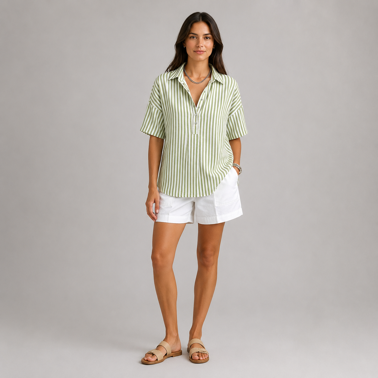 Women's Relaxed-Fit Striped Half-Button Collared Blouse