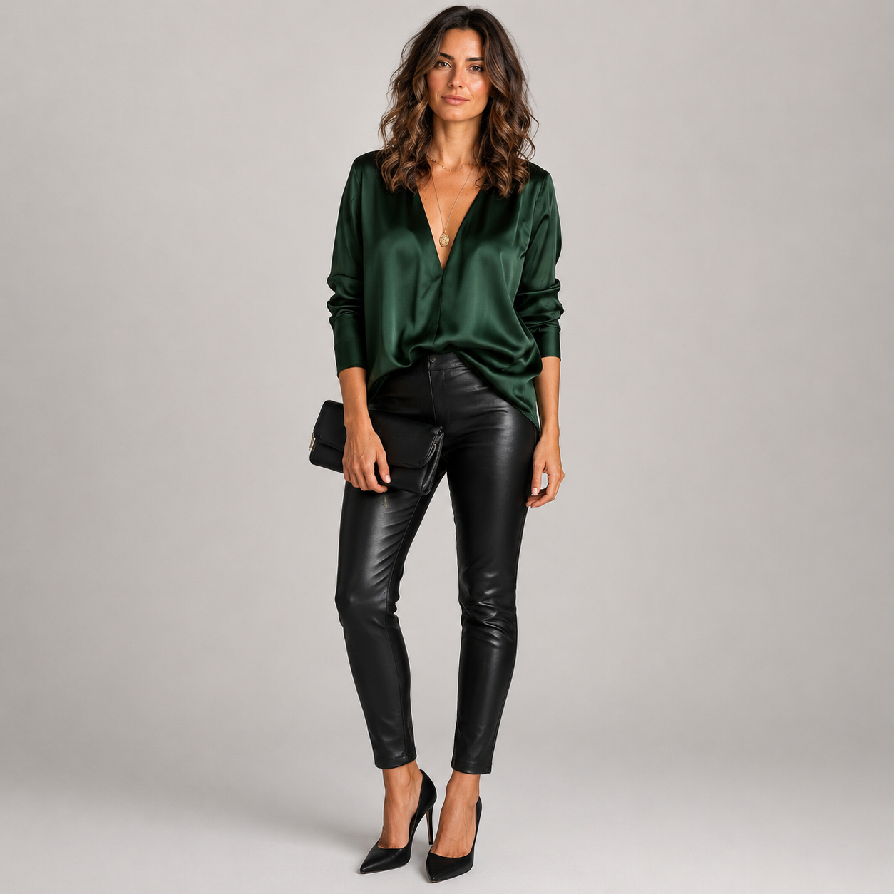 Women's Deep V-Neck Satin-Style Long Sleeve Blouse