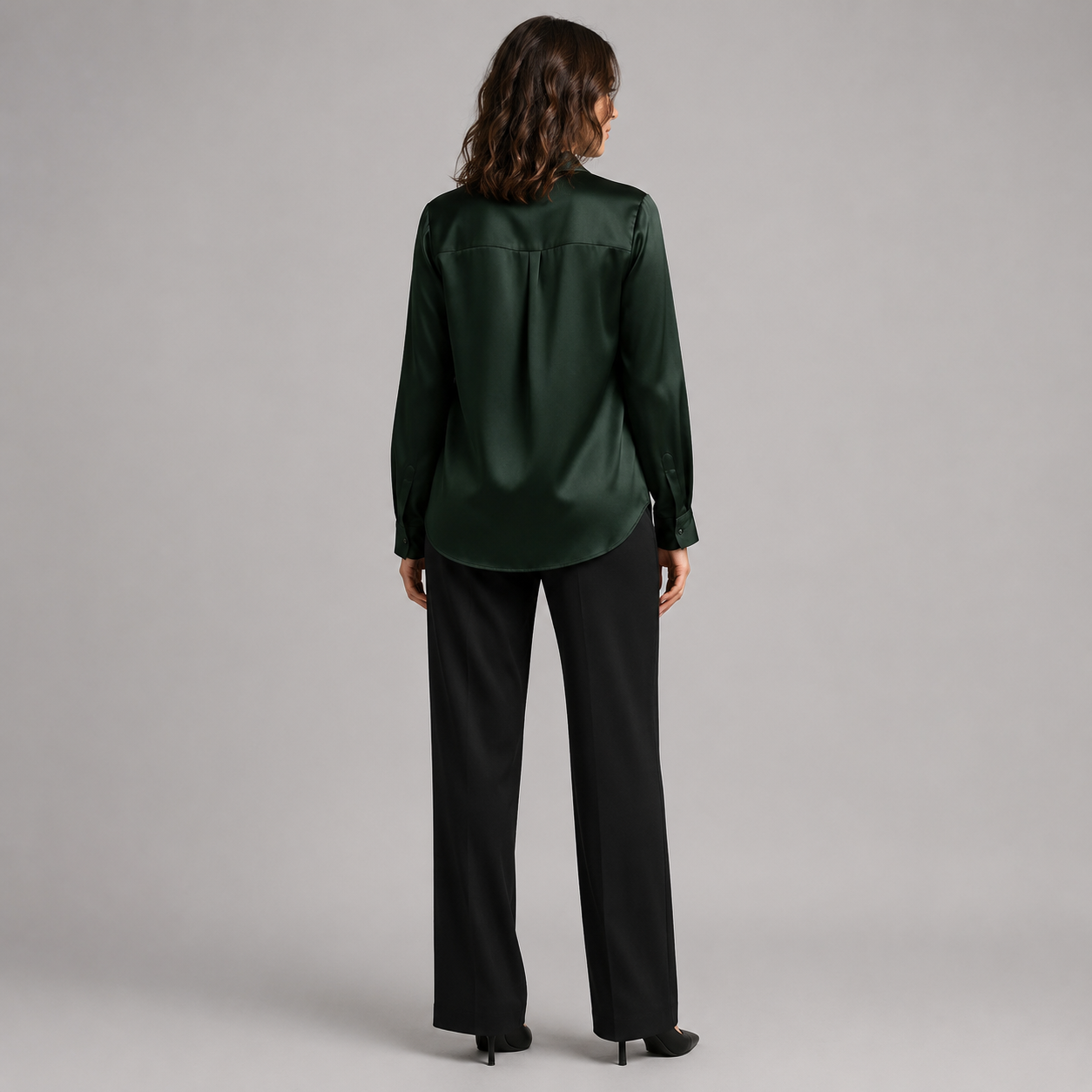 Women's Deep V-Neck Satin-Style Long Sleeve Blouse