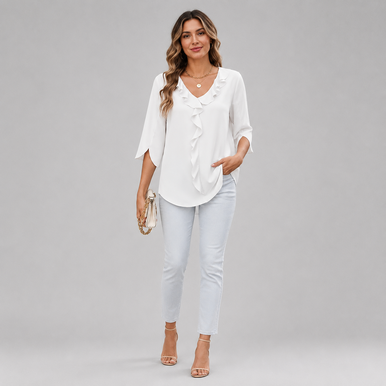 Women's V-Neck Three-Quarter Sleeve Blouse