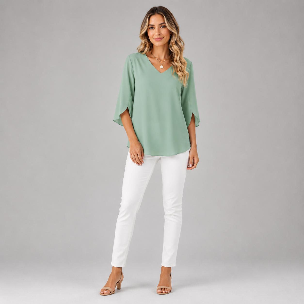Women's V-Neck Three-Quarter Sleeve Blouse