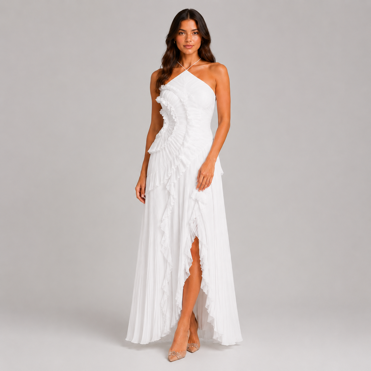 Women’s Pleated Ruffle Halter Maxi Dress