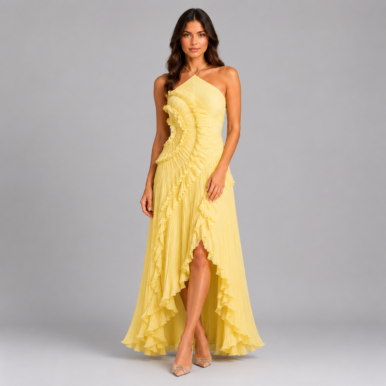 Women’s Pleated Ruffle Halter Maxi Dress