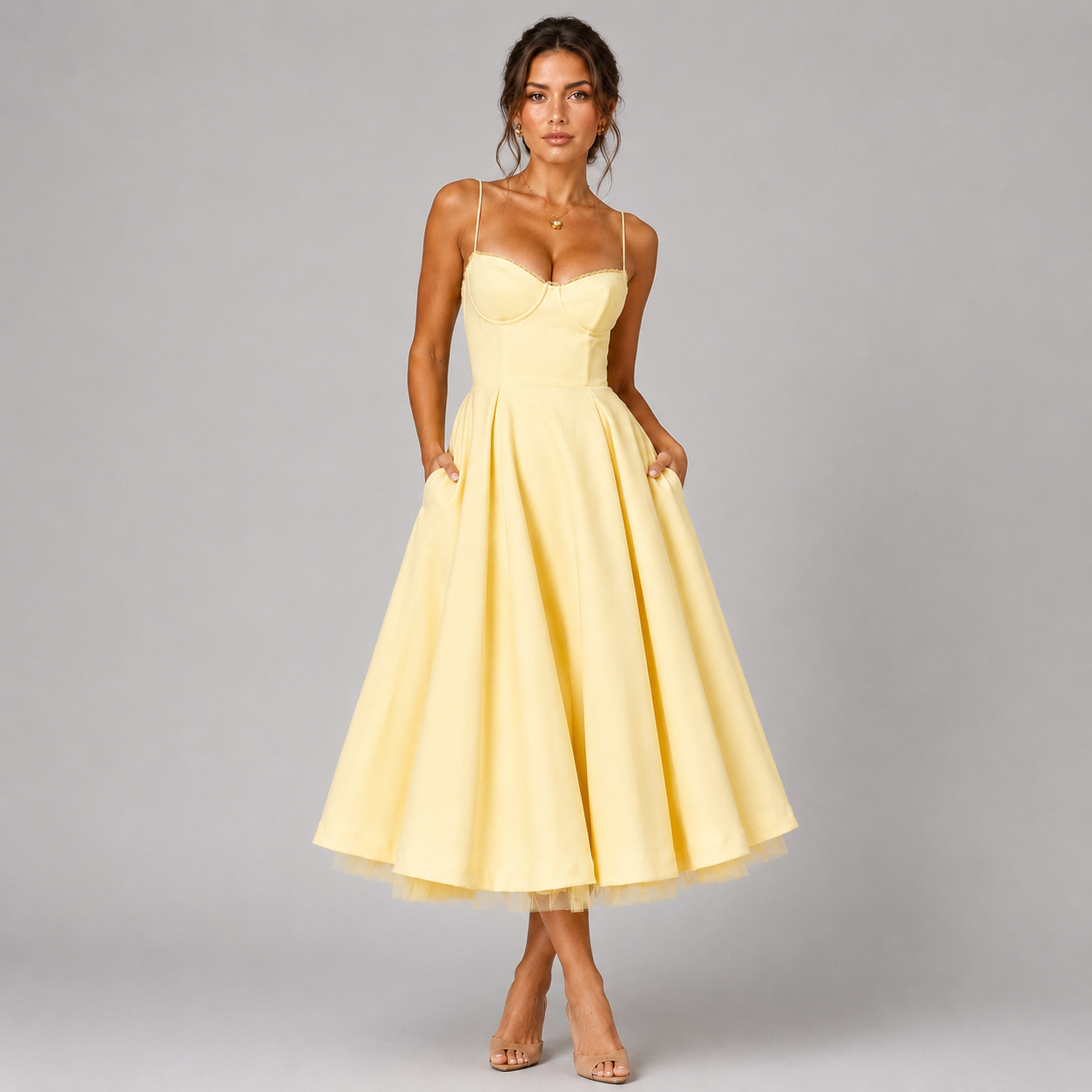 Women’s Corset Midi Dress with Full Skirt