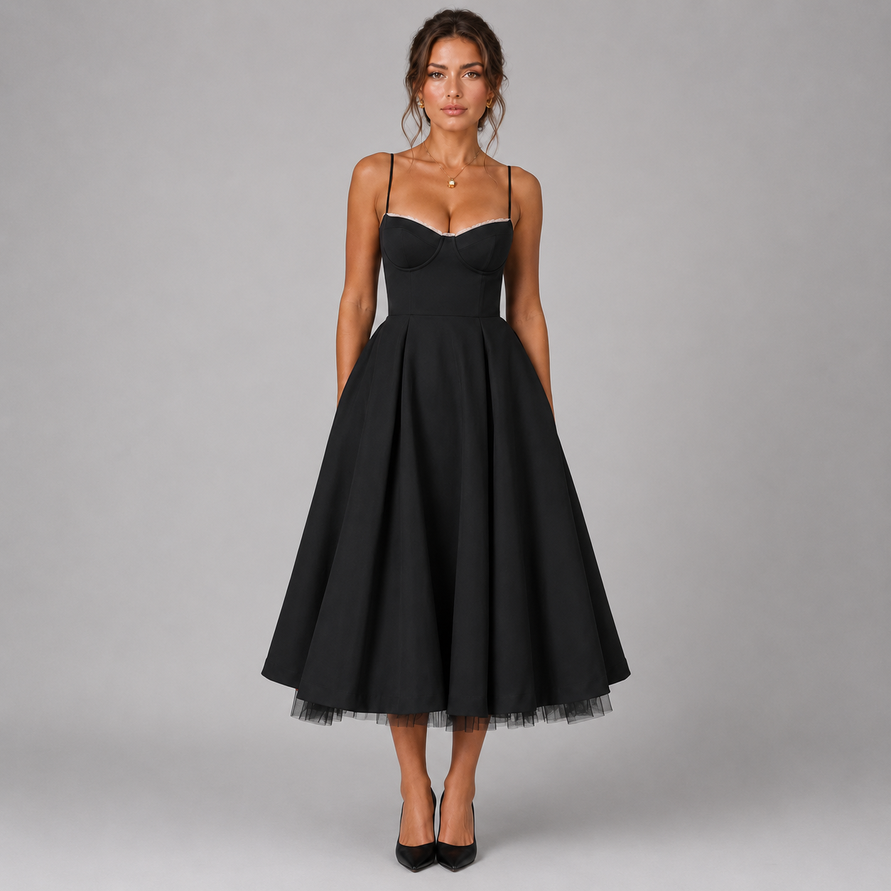 Women’s Corset Midi Dress with Full Skirt