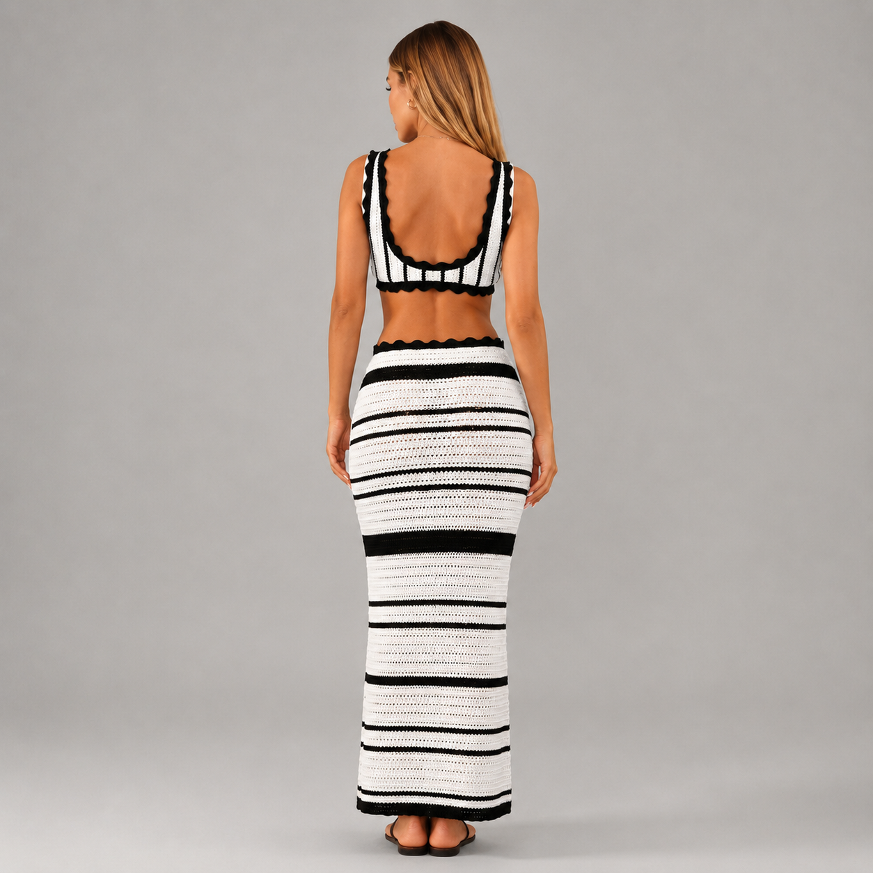 Women’s Striped Knitwear Two-Piece Maxi Skirt Set