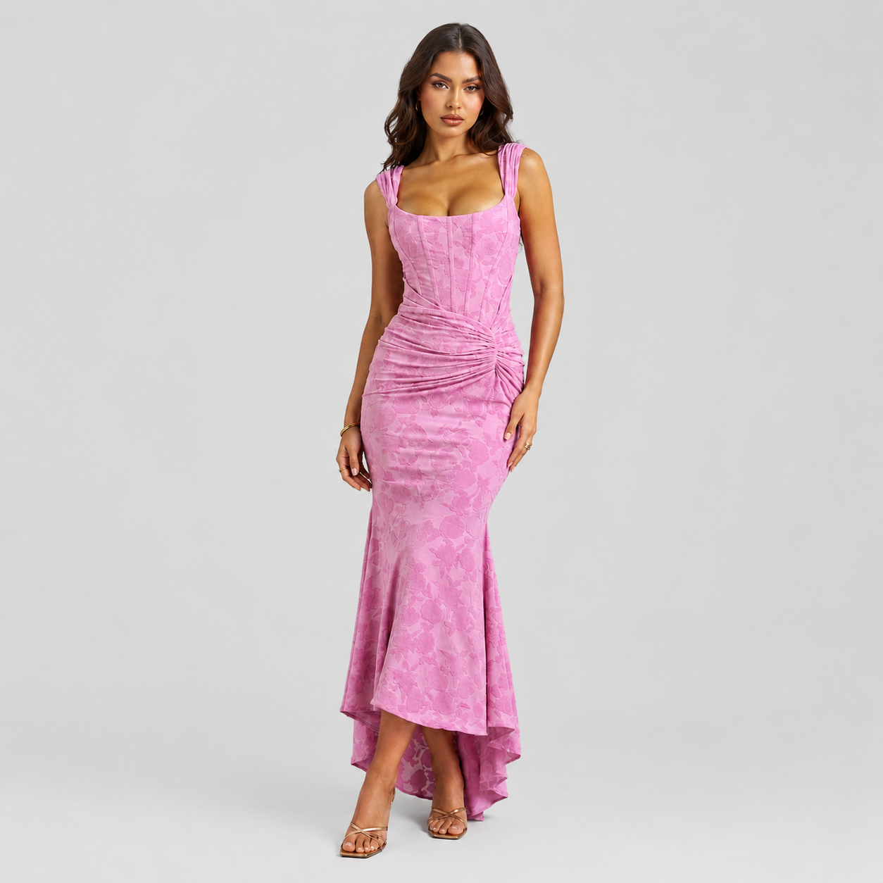 Women’s Floral Corset Maxi Dress with Asymmetrical Hem