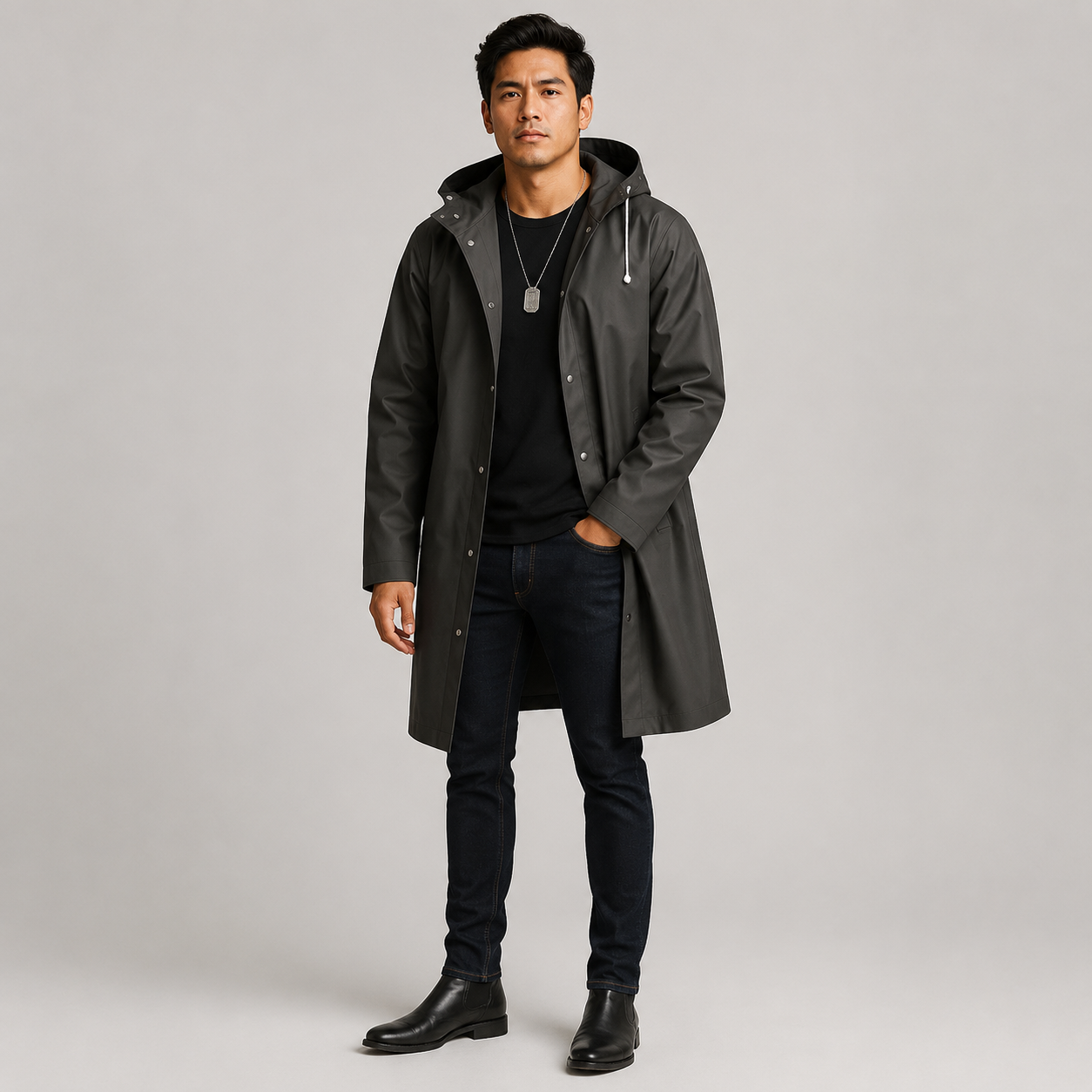 Men's Long Hooded Waterproof EVA Rain Jacket