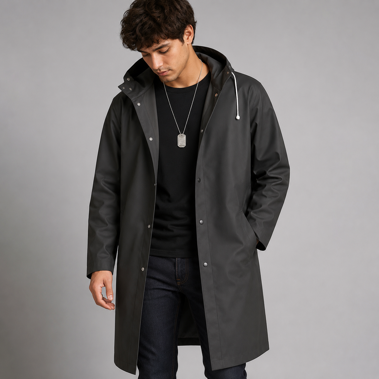 Men's Long Hooded Waterproof EVA Rain Jacket