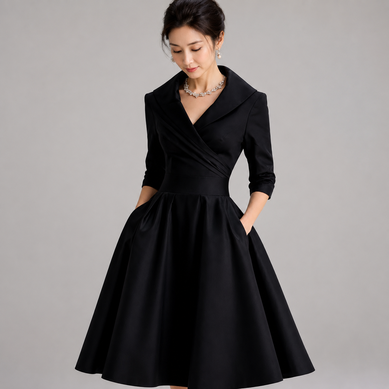 Women's A-Line Wrap-Bodice Midi Dress With Pockets