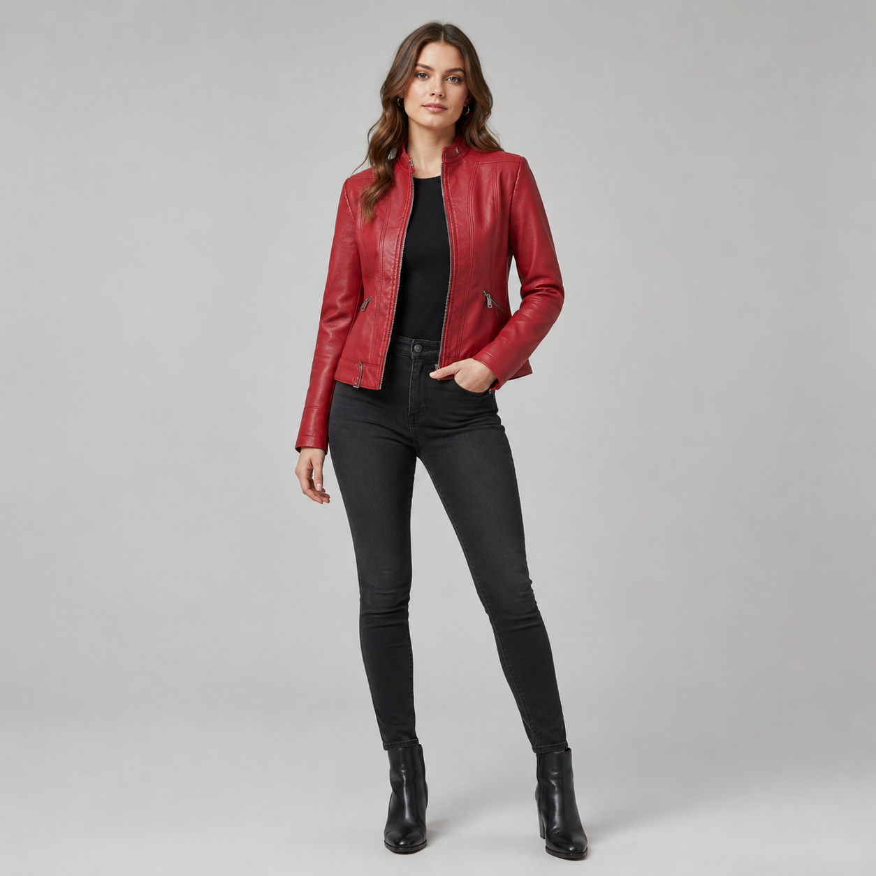 Women's Slim-Fit Zip-Up Biker Leather Jacket