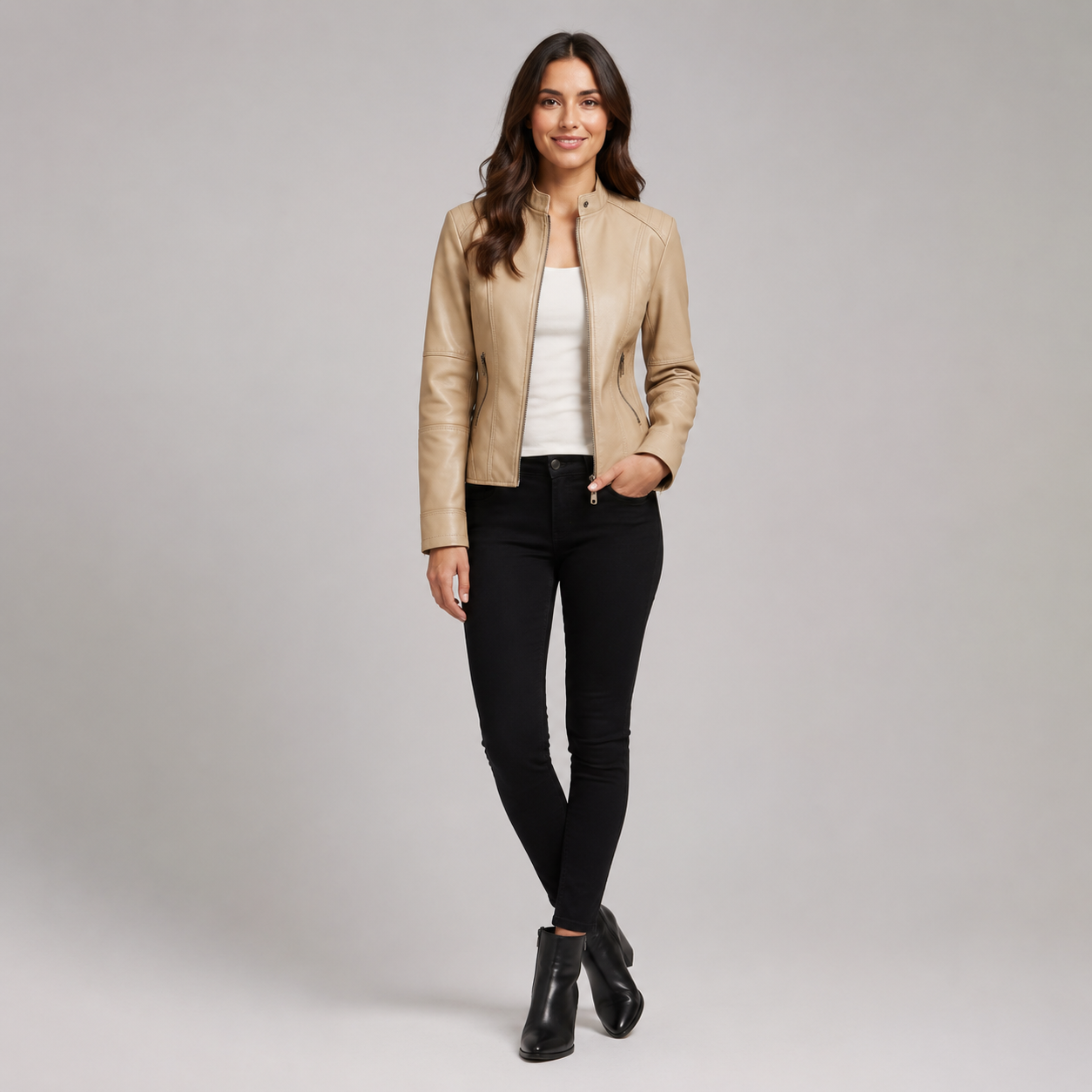 Women's Slim-Fit Faux Leather Jacket With Zip Pockets