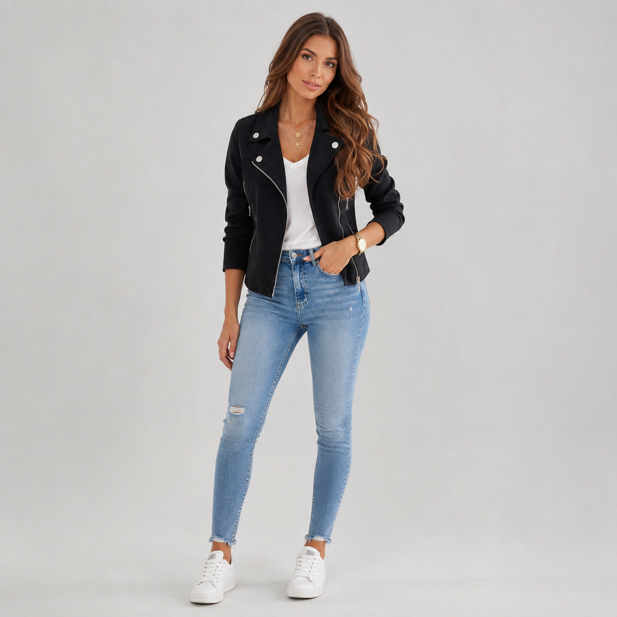 Women's Slim-Fit Suede Moto Jacket With Zip Front