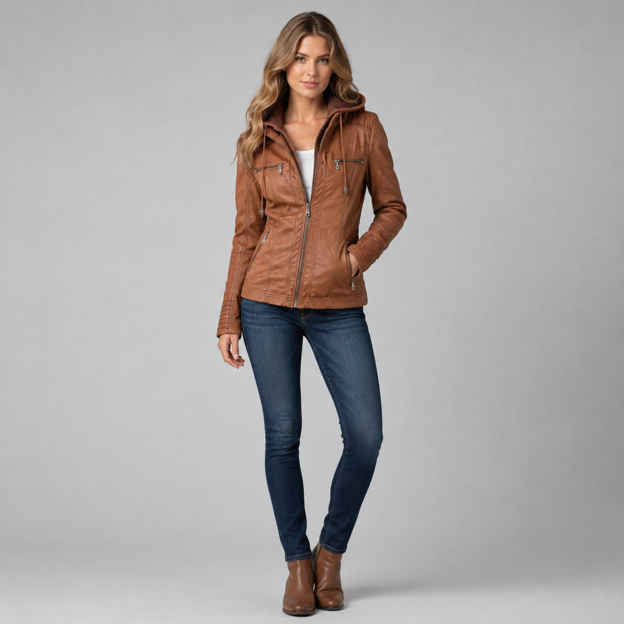 Women's Hooded Faux Leather Jacket With Zip Pockets