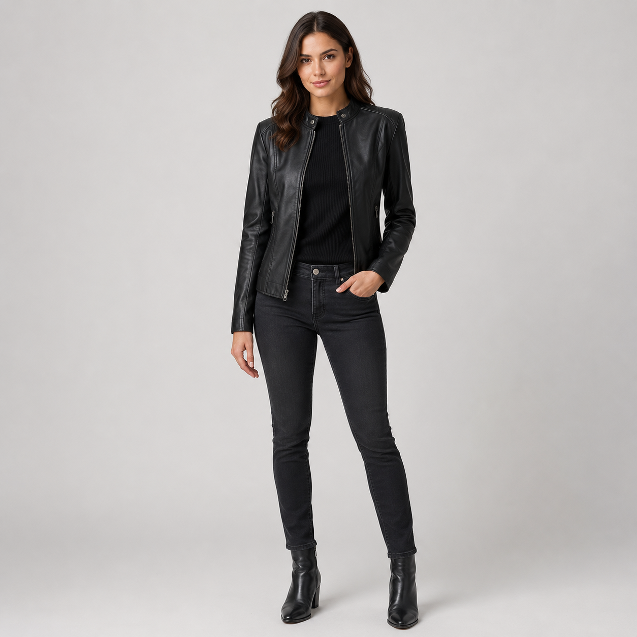 Women's Slim-Fit Faux Leather Jacket With Stand Collar
