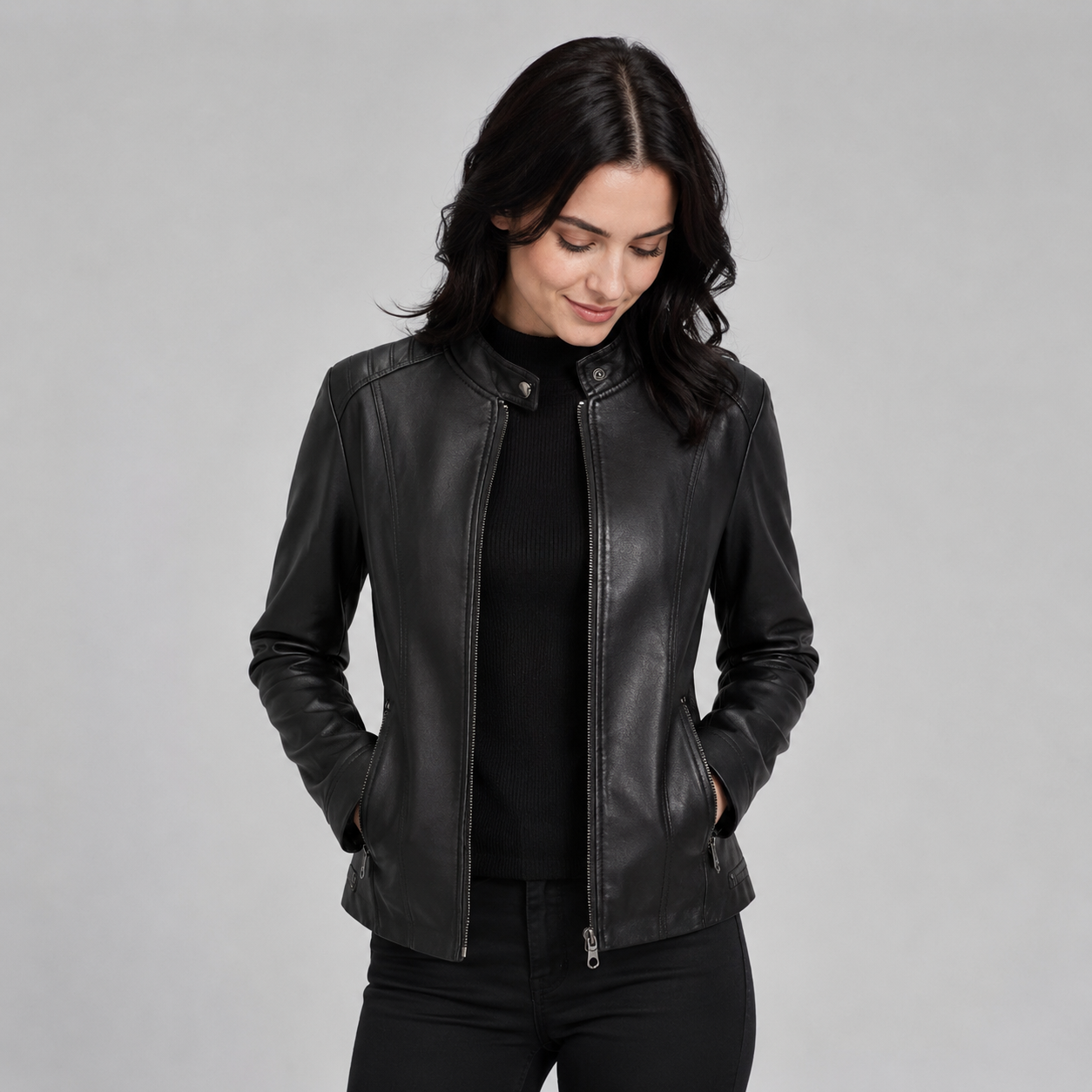 Women's Slim-Fit Faux Leather Jacket With Stand Collar