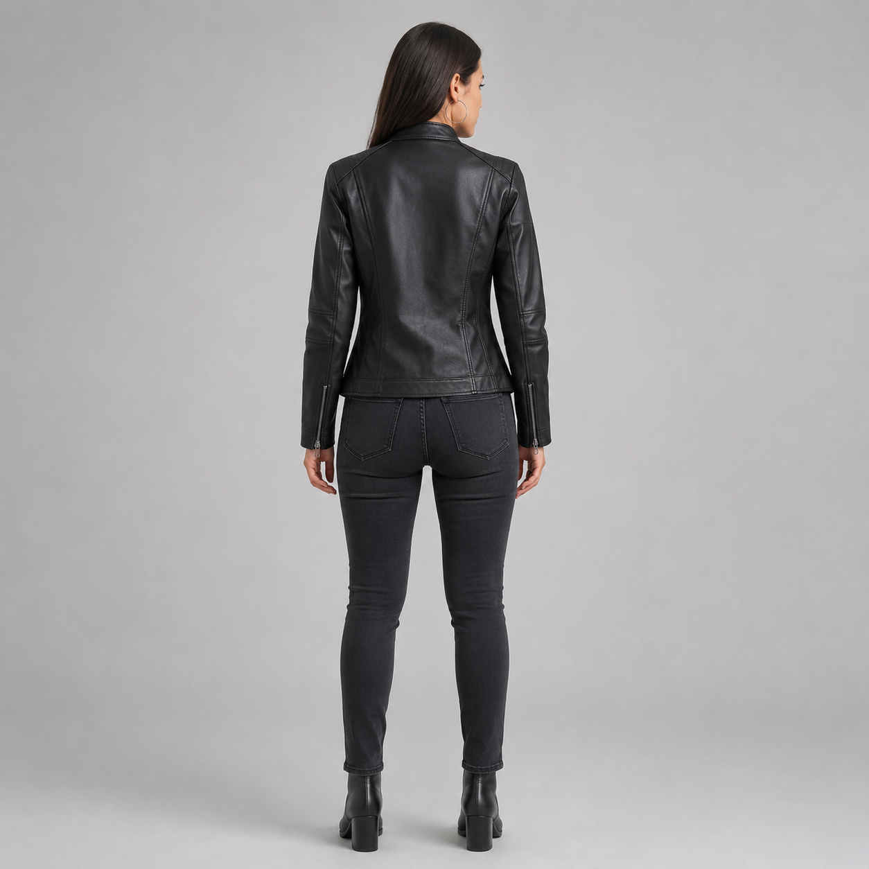 Women's Slim-Fit Faux Leather Jacket With Stand Collar