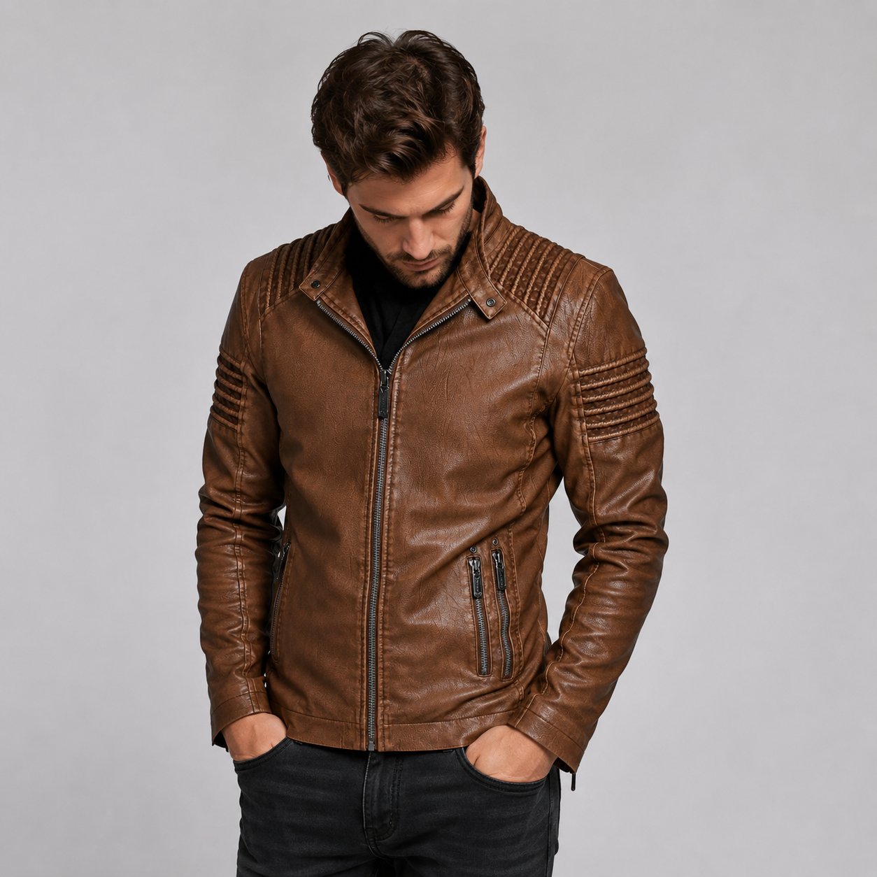 Men's Faux Leather Biker Jacket With Zip Pockets