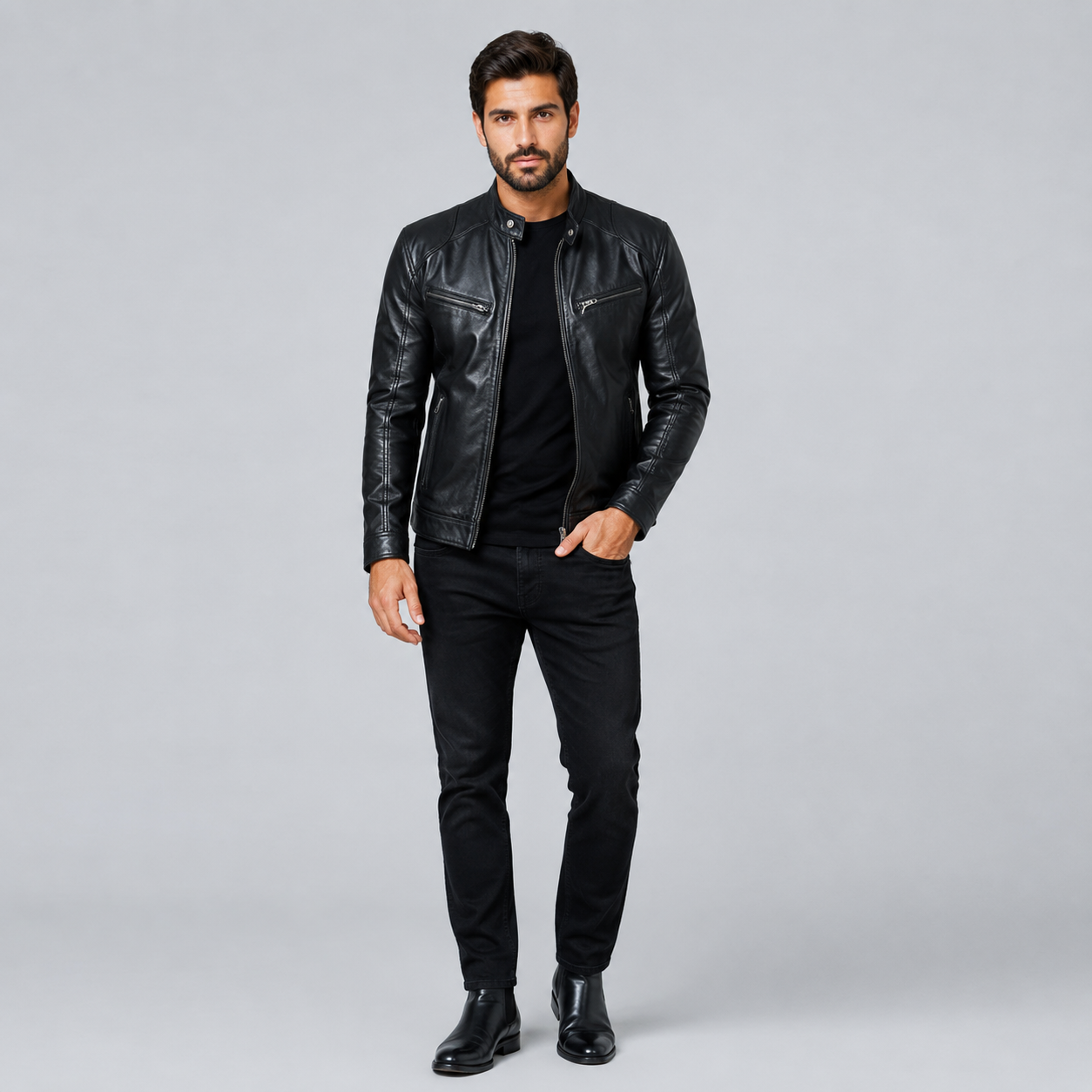 Men's Slim-Fit Biker Leather Coats & Jackets With Zip Pockets