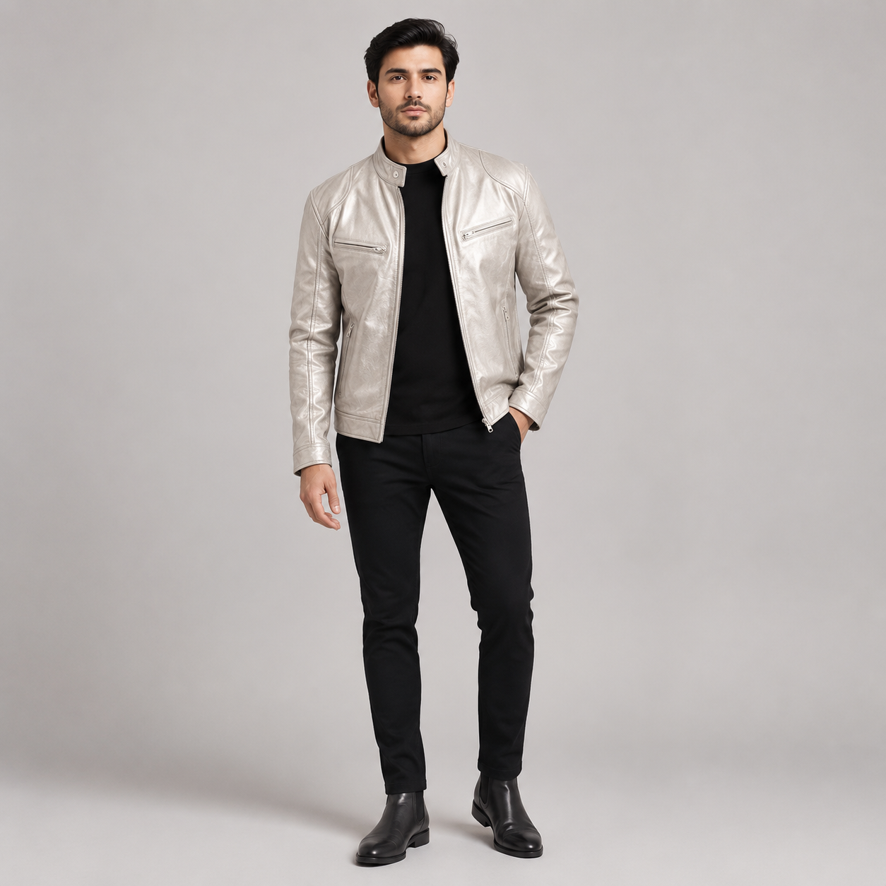 Men's Slim-Fit Biker Leather Coats & Jackets With Zip Pockets