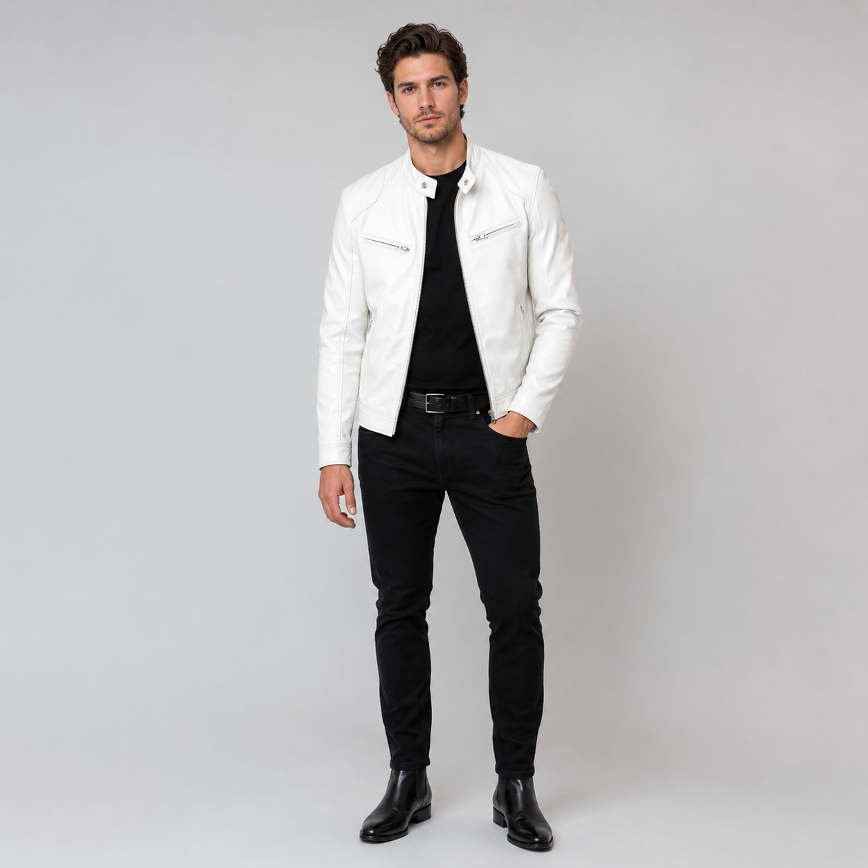 Men's Slim-Fit Biker Leather Coats & Jackets With Zip Pockets