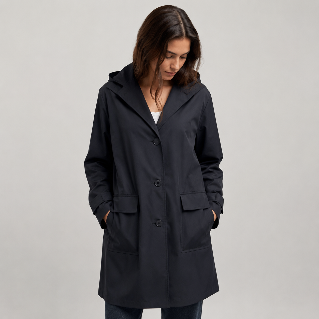 Women's Hooded Longline Trench Coat With Patch Pockets