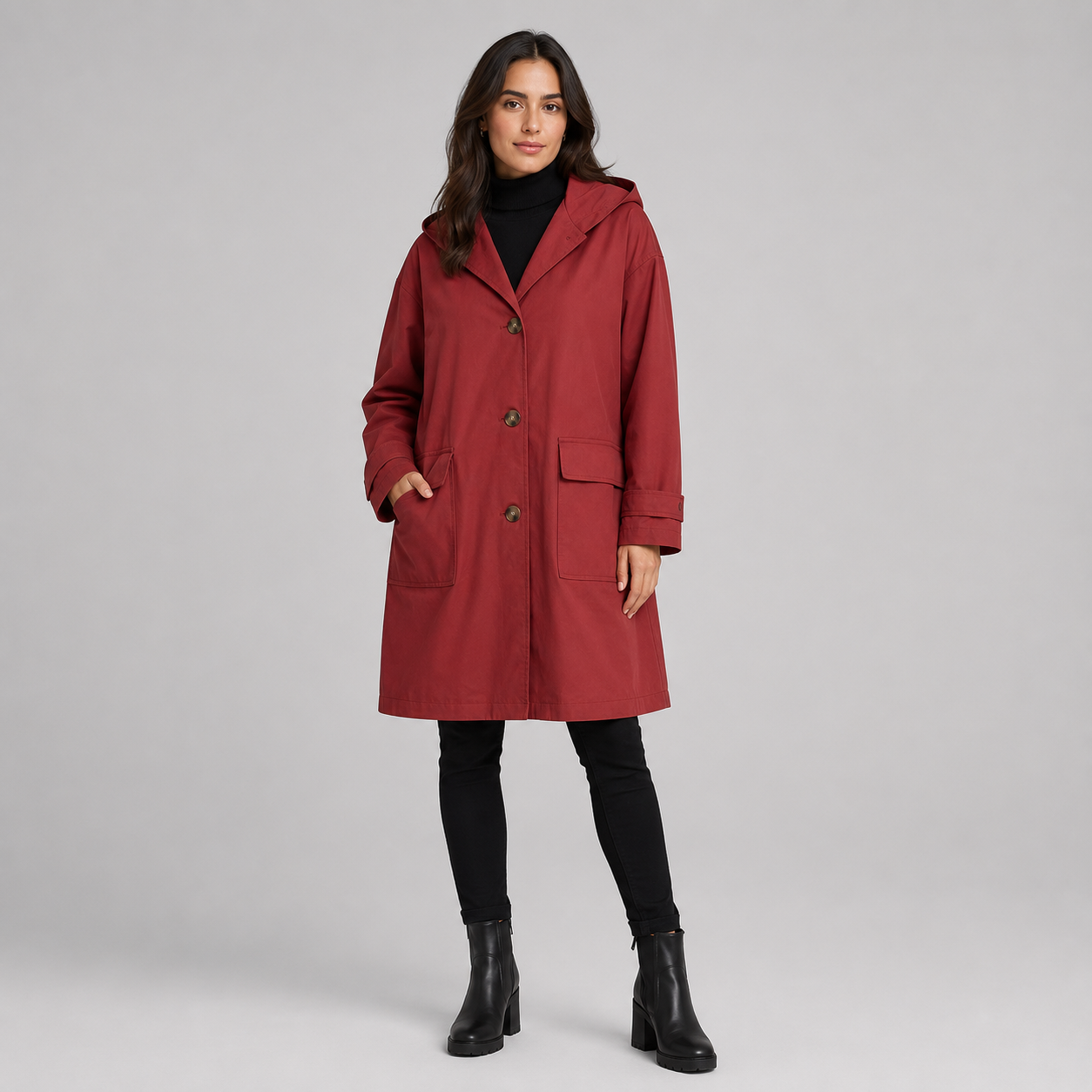 Women's Hooded Longline Trench Coat With Patch Pockets