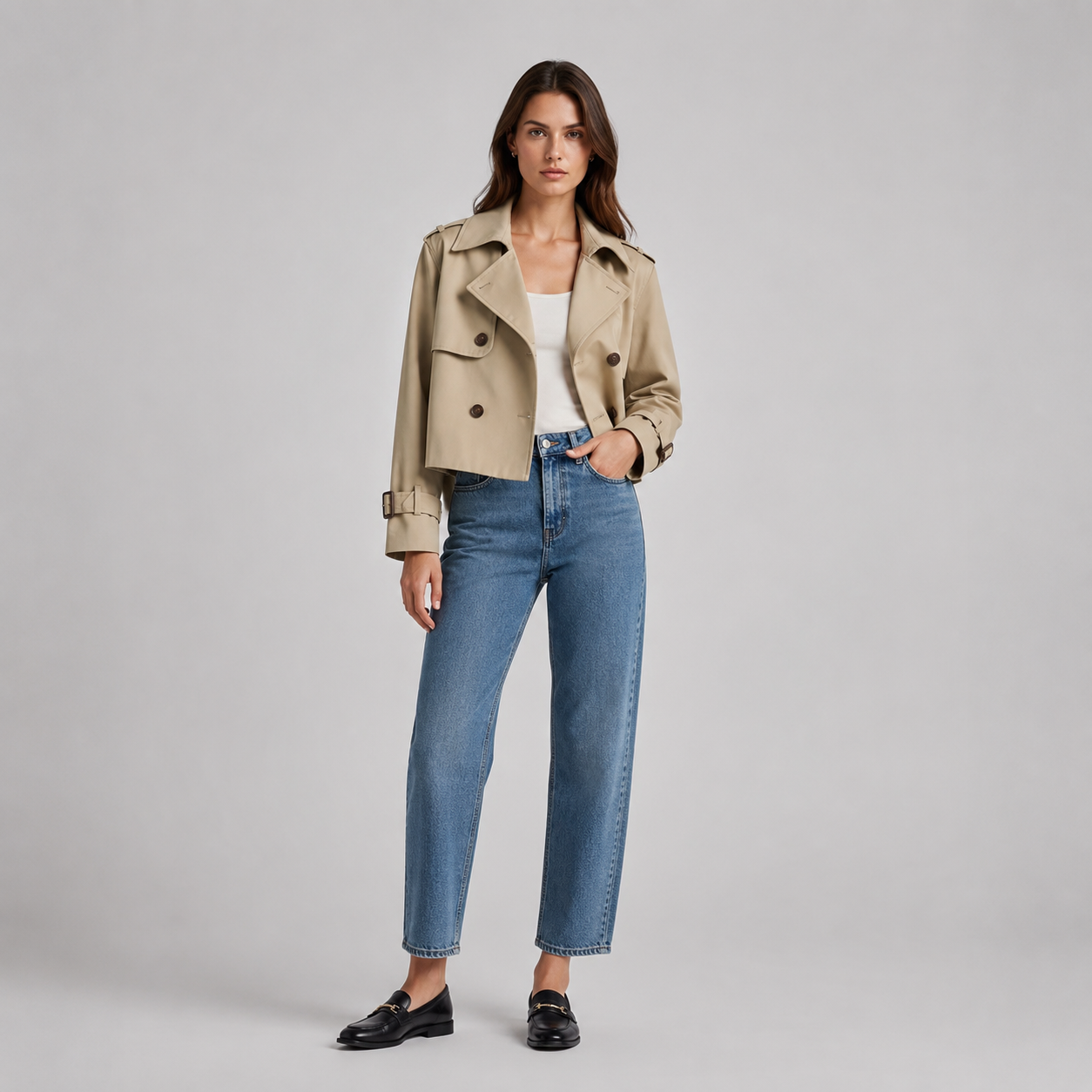 Grace | Women's Cropped Double-Breasted Trench Coat Buckle Cuff