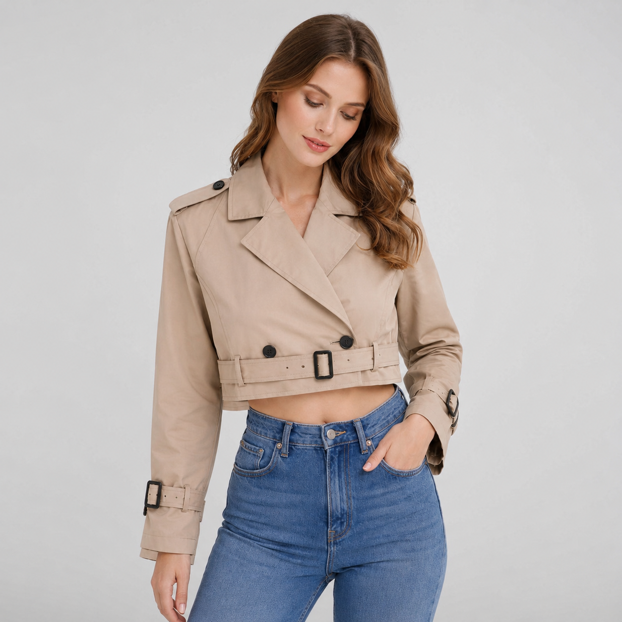 Women's Cropped Double-Breasted Belted Trench Coat