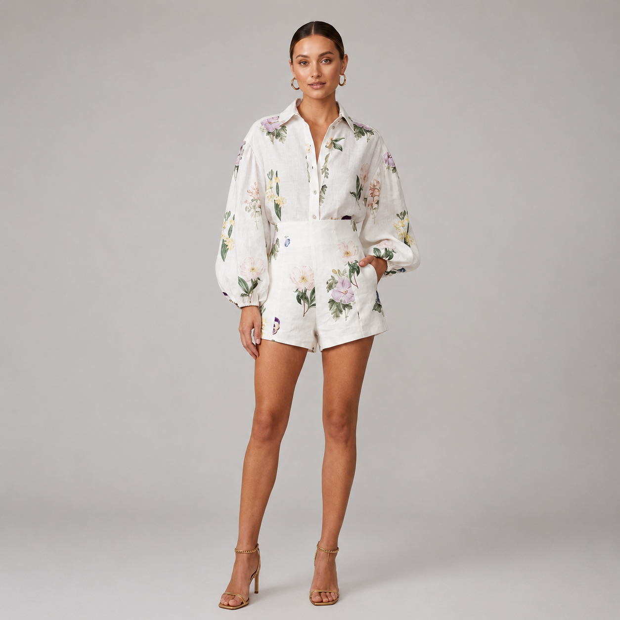 Women's Floral Print Shirt & High Waist Shorts Set