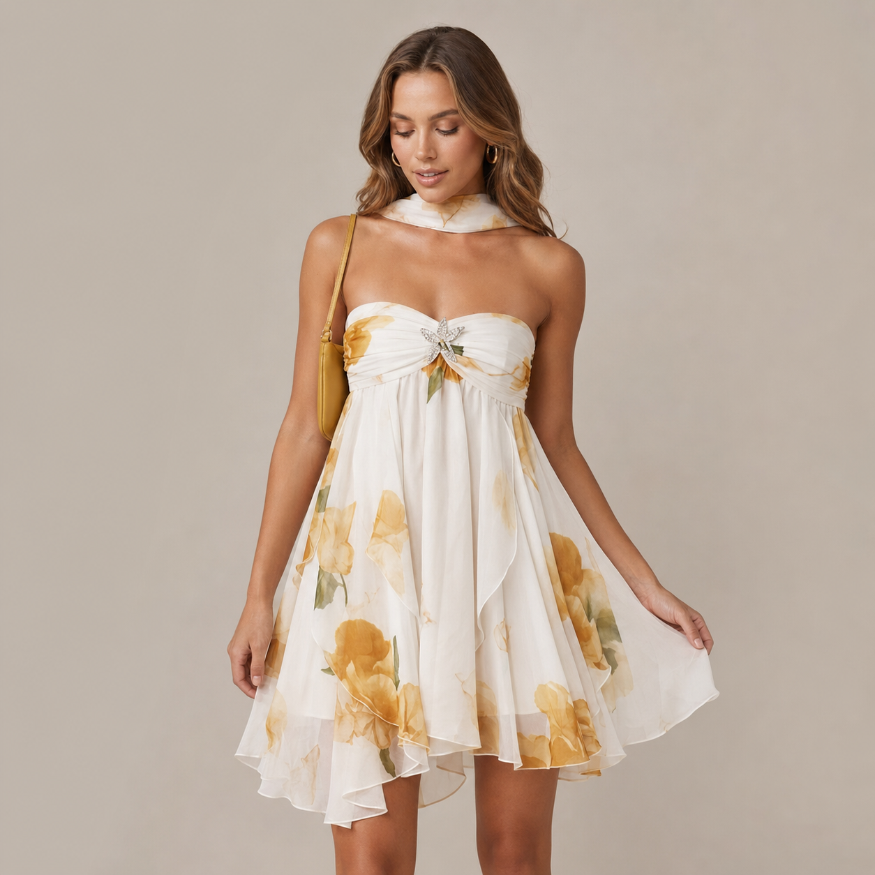 Women’s Halter Neck Floral Print Ruffle Mini Dress