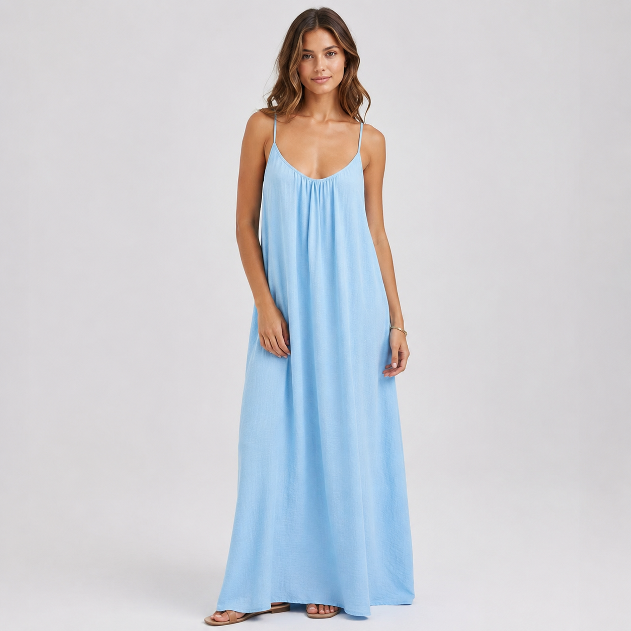 Women's Spaghetti Strap Linen Maxi Dress With Pockets