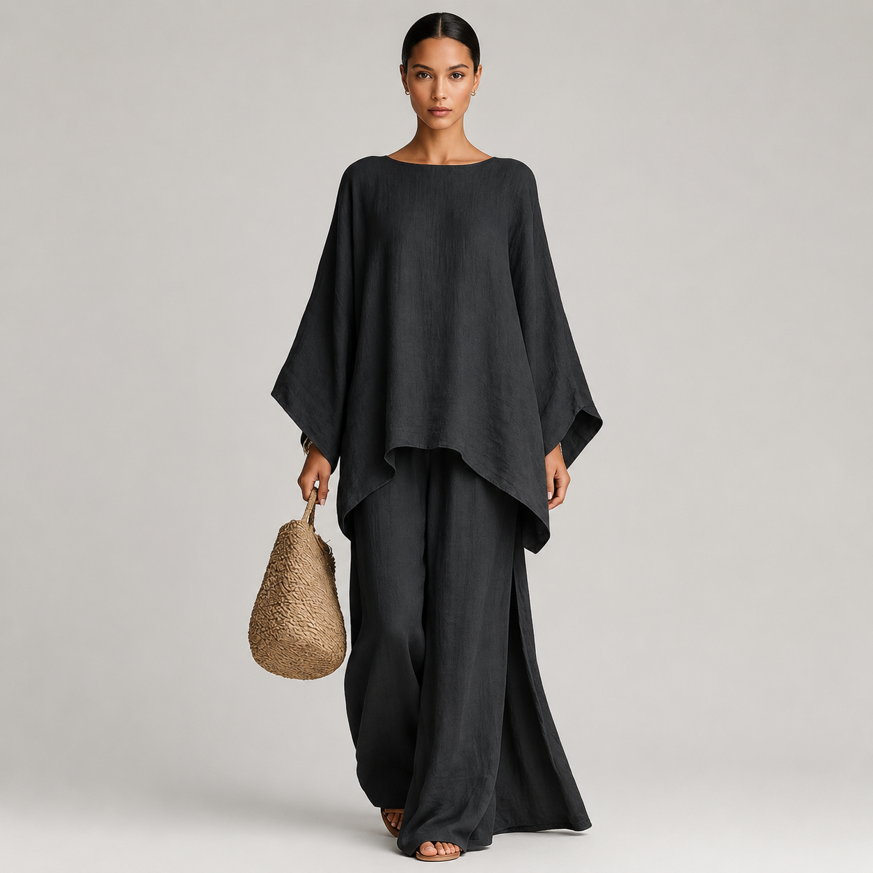 Women's Batwing Sleeve Linen-Look Wide-Leg Co-Ord Set